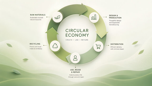 The circular economy model illustrates sustainable production and recycling processes