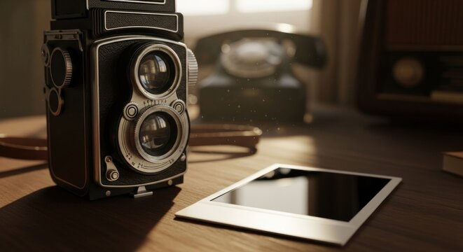 Vintage Twin Lens Reflex Camera and Instant Photo on Wooden Table.