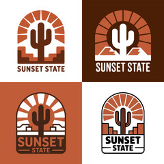 Four variations of a desert cactus logo with sunset design elements © Vectyx