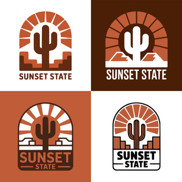 Four variations of a desert cactus logo with sunset design elements