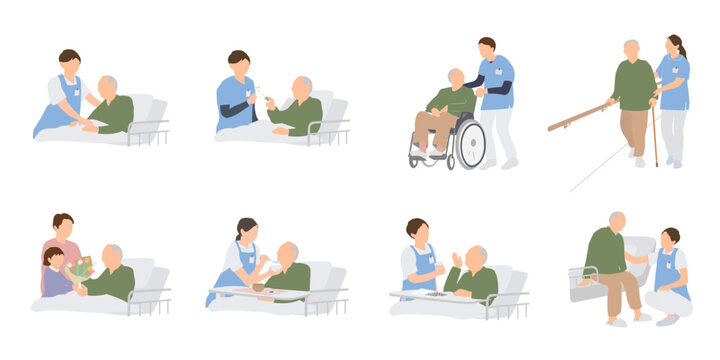 高齢者ケアと生活支援の男性スタッフイラストセット