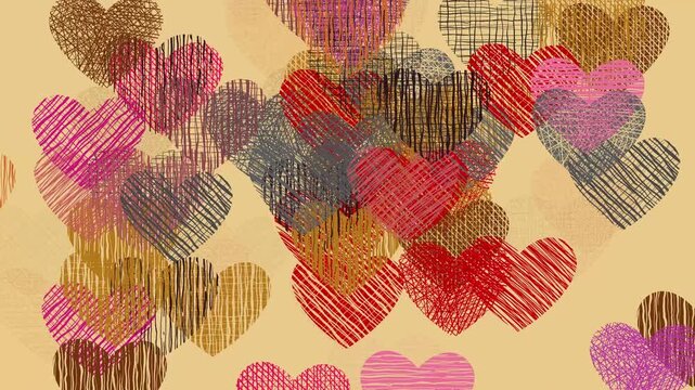 Romantic motion background with a sketchy, hand-drawn overlapping heart pattern in red and pink. Perfect for Valentine's Day and wedding themes.