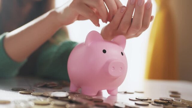 The girl puts coins into the piggy bank. the concept of saving money is saving. man puts a piggy in his hand bank and puts money in a. bank. a girl puts coins in her hand in a. lifestyle.