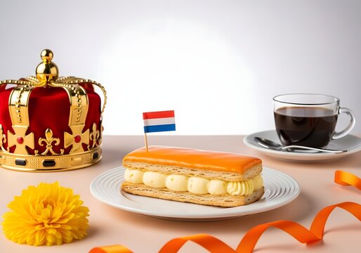 Dutch Kings Day Tompouce Pastry with Orange Glaze, Crown, Netherlands Flag and Coffee