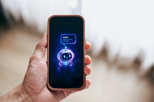 Woman holding a smartphone interacting with an AI chatbot virtual assistant at home