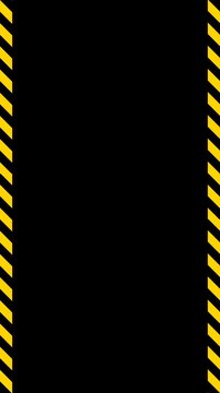 Diagonal black and yellow hazard warning tape borders on a dark background, creating a caution or security frame for announcements