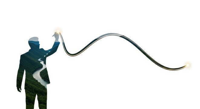 Professional man in suit drawing a curved trajectory arc with a sparkling line against a white background