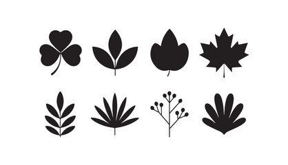 Assorted leaf silhouettes including maple and berry branch for seasonal nature illustrations. © Joynab