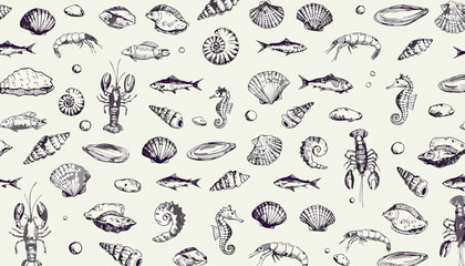 Obraz premium Vintage marine life illustration a seamless pattern of shells and fish