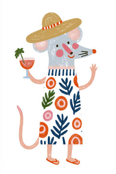 A cute cartoon mouse wearing a straw hat and a patterned dress, holding a cocktail and waving.