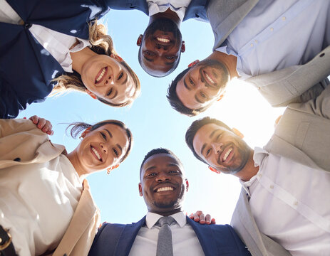 Unified Diverse Team Looking Down, Group Collaboration and Success