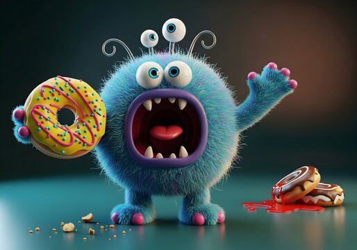 Funny Blue 3D Monster Holding Donut with Spilled Jam and Pastries on Dark Teal
