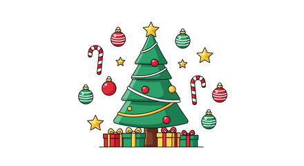 Naklejka premium Decorated Festive Holiday Fir Tree With Gift Boxes Candy Canes and Golden Stars Floating on a Pure White Background