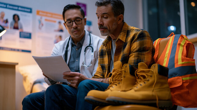 Sliding-scale urgent care clinic physician reviewing intake paperwork with uninsured construction worker in exam room, work boots still on, safety vest draped over chair back, modest medical facilit
