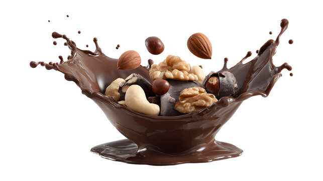 Set of various nuts in melted chocolate, isolated on a white background