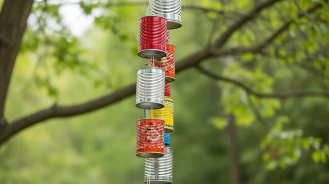Colorful repurposed cans hanging as rustic wind chimes from a tree branch