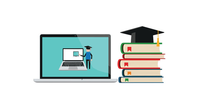 Online education and virtual learning concept showing a laptop next to a stack of books and a graduate cap.
