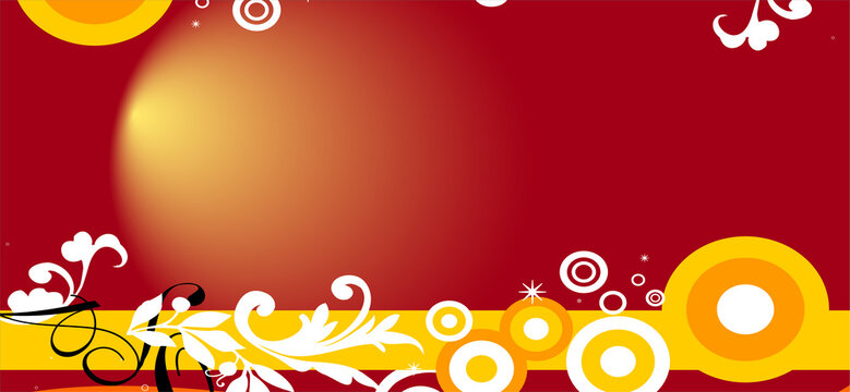 Deep red background with white floral scrolls and golden circular accents for luxury greeting cards and invitations.
