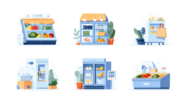 Assortment Of Store Displays For Fresh Produce And Packaged Goods Featuring Various Refrigerator