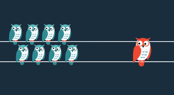 Individuality and uniqueness concept showing one red owl separated from a large group of many blue owls.