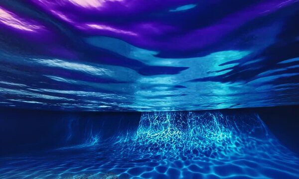 Underwater light rays shimmering on blue and purple water surface, creating caustic patterns on the sandy seabed