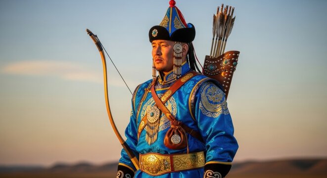 Mongolian archer in traditional blue silk deel costume holding a bow