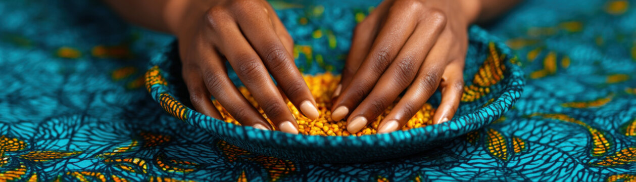 Juneteenth African hand bowl grain fabric pattern harvest culture tradition closeup textile turquoise orange table food seed legume bean cowpea