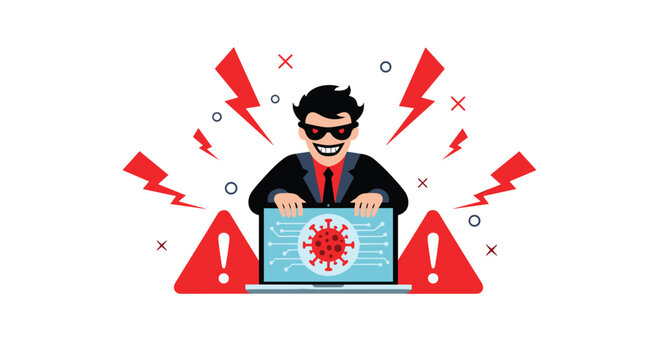 Cybersecurity threat and malicious hacking concept with a villainous character operating a laptop computer.