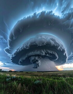 Massive Rotating Supercell Thunderstorm Forming Over Open Grassland Plains