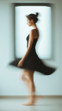 Dancer spinning in studio, motion blur, dress flowing. Abstract human form, expression of energy, artistic composition