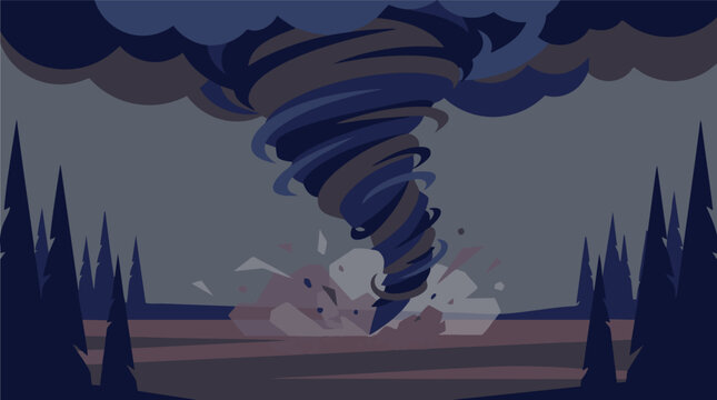 Tornado destroying ground in forest with dark clouds, flat vector illustration