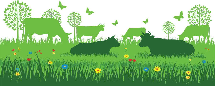 Green cow silhouettes grazing in a flowery meadow with trees and butterflies for organic dairy farming vector illustration