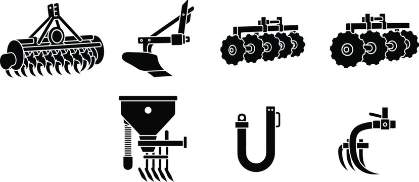 Black silhouettes of agricultural machinery and tools on a white background, agricultural equipment, farming tools