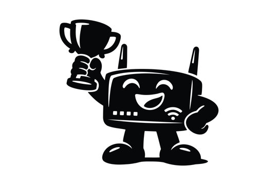 Funny Wifi Router Silhouette Vector Mascot Holding Trophy for Internet Technology Logo Design