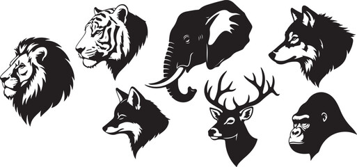 Vintage wild animal head silhouettes, set of 7 black and white wildlife vector icons, hand-drawn lion tiger elephant wolf deer gorilla and fox illustrations © Nayeem