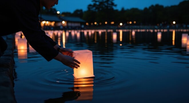 Person placing glowing paper lantern on water during evening festival