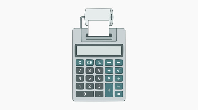 Vintage calculator with paper roll and display screen for accounting and calculations