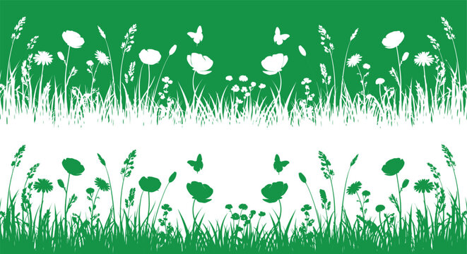 Seamless horizontal meadow border with wild grass flowers and butterflies silhouettes for nature background vector illustration design