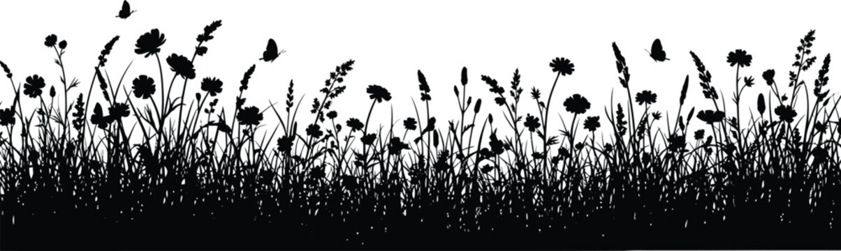 Seamless wildflower meadow silhouette border with grass and butterflies for nature background design and floral vector illustration