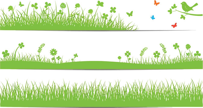 Set of horizontal spring nature banners featuring green grass silhouettes, clovers, flowers, butterflies, and a bird vector illustration.