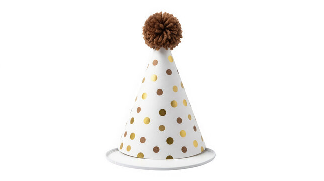 Birthday party hat with golden polka dot pattern and soft brown fluffy pompom isolated on white background.