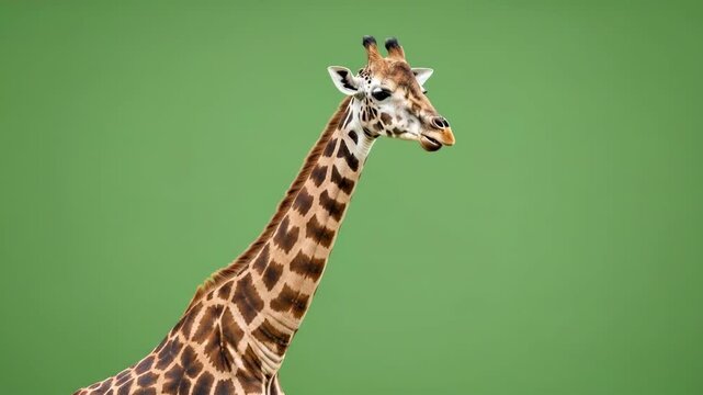 Graceful giraffe with an orange leaf in its mouth against green backdrop