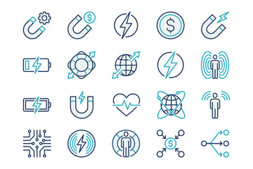 Fototapeta premium Business and Technology Line Icon Set in Navy Blue and Teal on White Background Vector Illustration