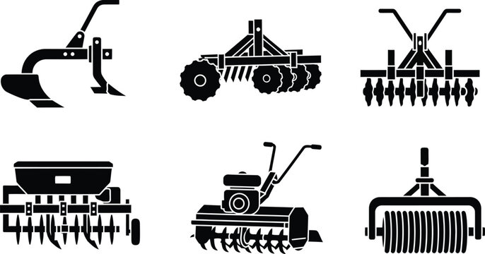 Black silhouettes of gardening and landscaping tools, including plows, cultivators, and lawn mowers gardening tools