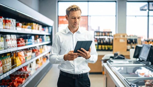 A man in a grocery store aisle uses a tablet, overseeing shelves stocked with products