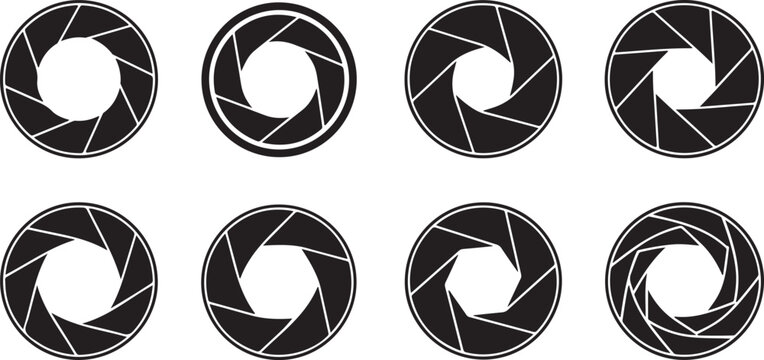 Camera shutter icons, black and white camera shutters, photography symbols, vector graphics