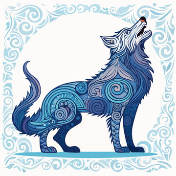 Stylized Blue Wolf Howling with Ornate Swirls
