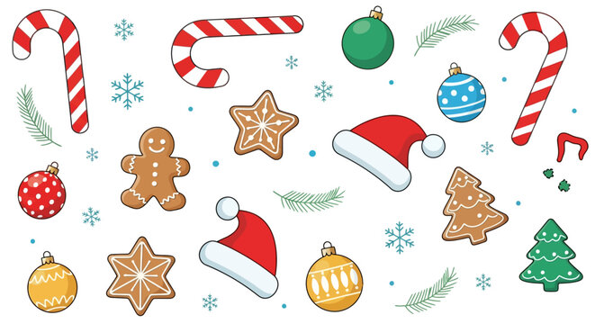 Colorful Christmas Holiday Pattern With Candy Canes Santa Hats Gingerbread Cookies and Festive Glass Ornaments on White Background