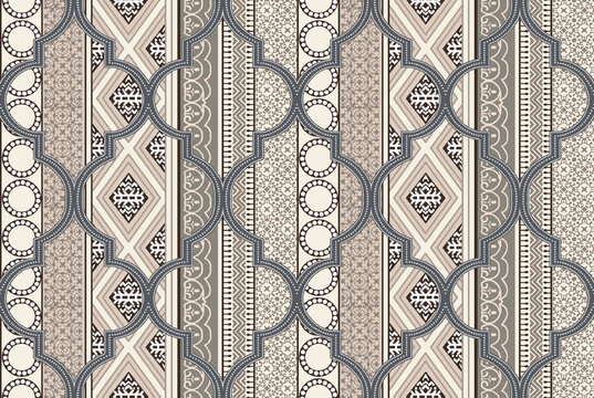 Seamless elegant Moroccan trellis pattern over intricate ethnic vertical stripes in neutral taupe and grey.
