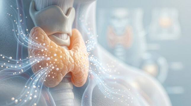 Lung health concept showing breathing wellness with detailed thyroid gland in neck area symbolizing respiratory system and overall body wellness and breathing function